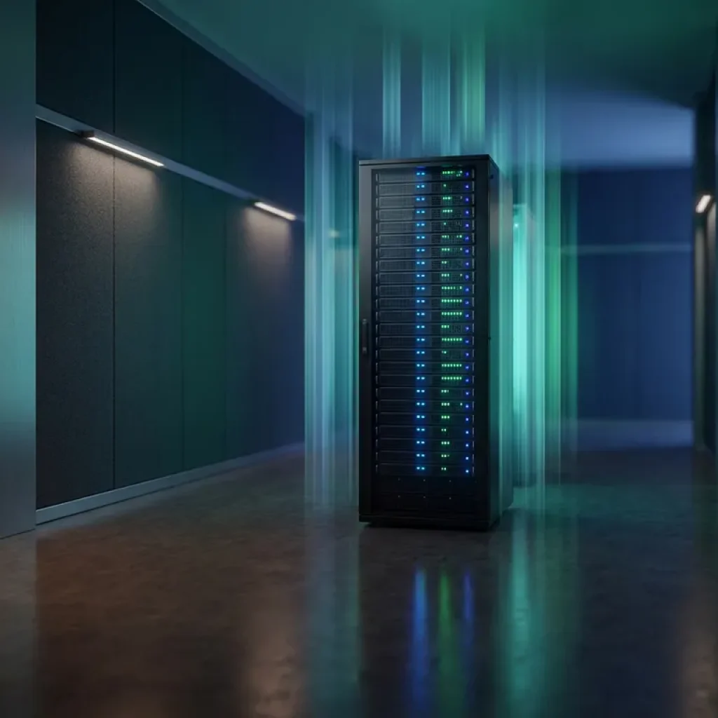 Ein Serverrack, das sich im polierten Boden eines modernen Rechenzentrumsflurs spiegelt, mit leuchtenden vertikalen Lichtsäulen in Marineblau und Smaragdgrün.