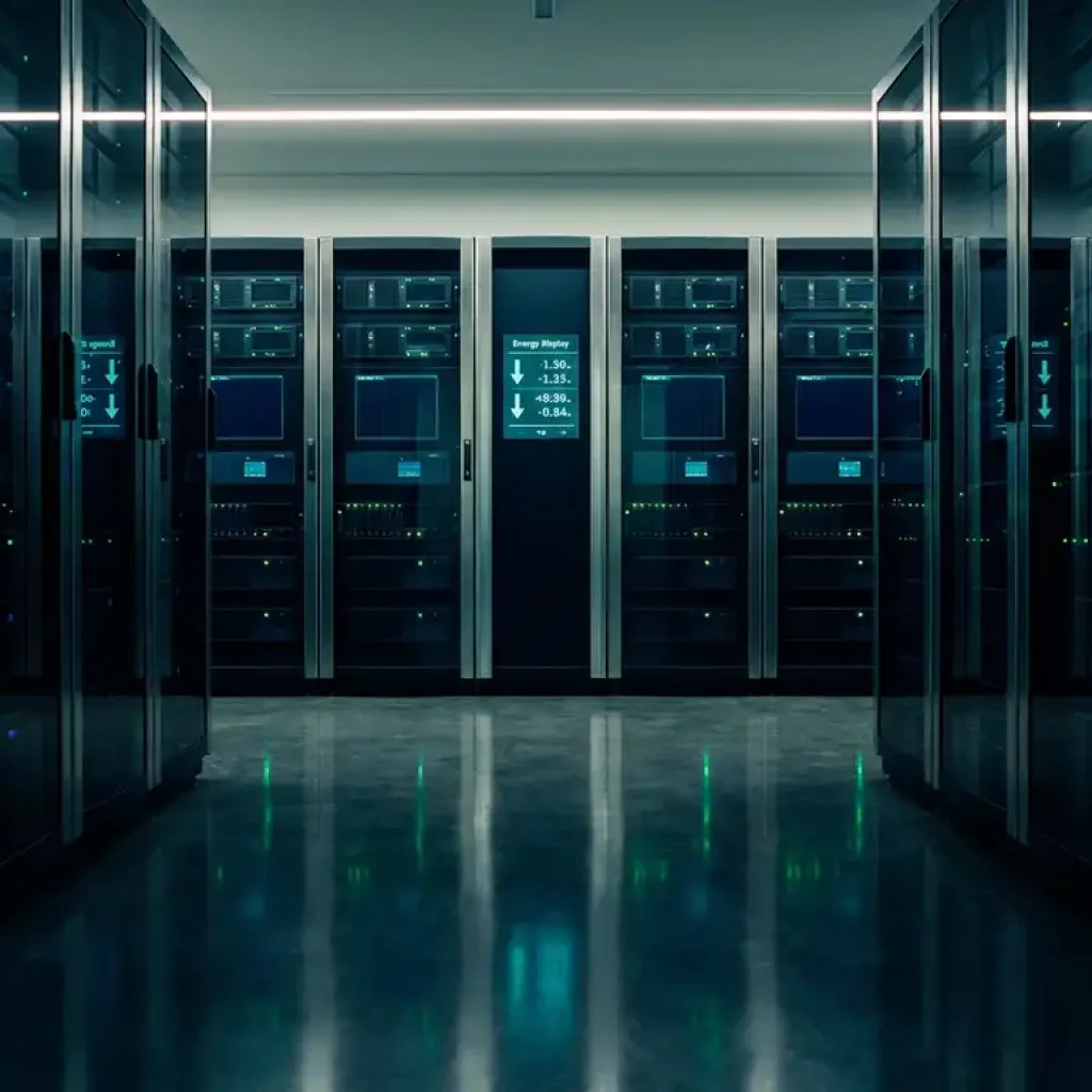 Server rack units in a modern data center corridor with a glowing energy meter declining, lit by soft overhead lighting in navy and emerald tones.