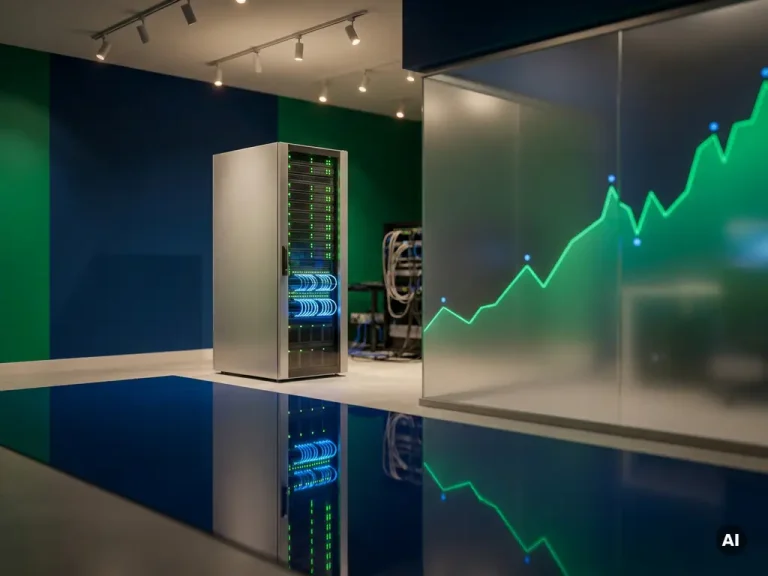 Silver server rack reflected on a polished dark surface beside a glowing green performance graph on frosted glass in an enterprise data center.