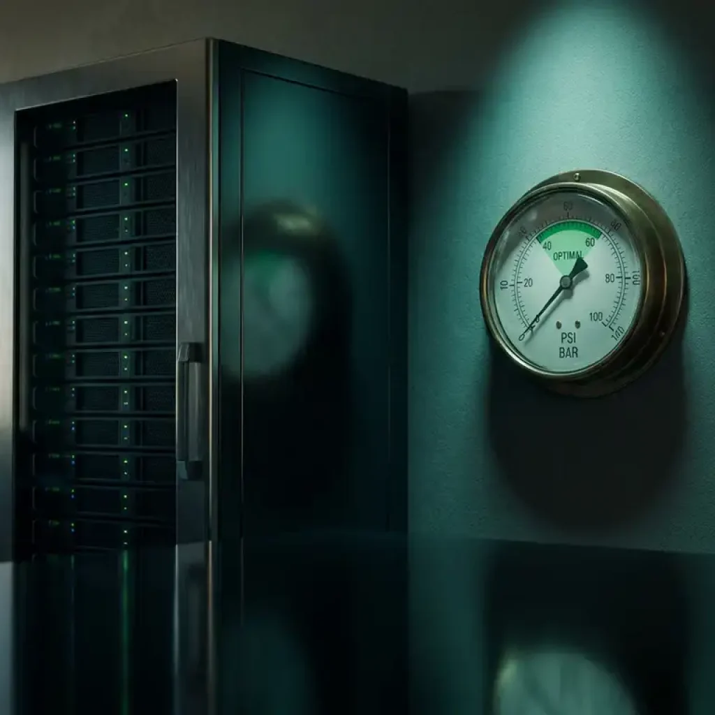Ein Server-Rack spiegelt sich in einer dunklen, polierten Oberfläche neben einem analogen Manometer, das von türkisfarbenem Licht beleuchtet wird und optimale Werte anzeigt.