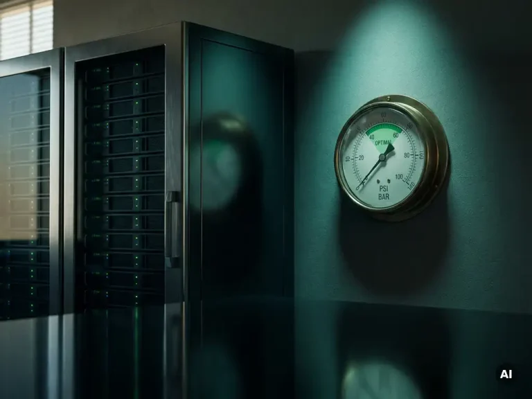 Server rack reflected in a dark polished surface beside an analog pressure gauge lit by teal light, showing optimal levels.
