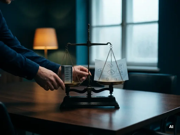 Procurement professional balancing scales with server model and cloud architecture diagram, weighing on-premise vs cloud infrastructure options.