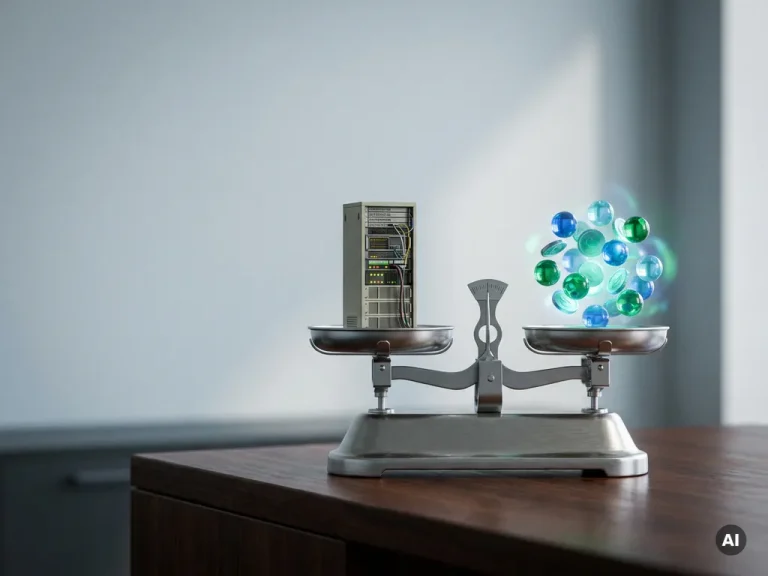 Eine Präzisionswaage auf einem Bürotisch, auf der eine Server-Einheit gegen leuchtende KI-Token-Kugeln abgewogen wird, die die unvorhersehbaren Kosten generativer KI symbolisieren.