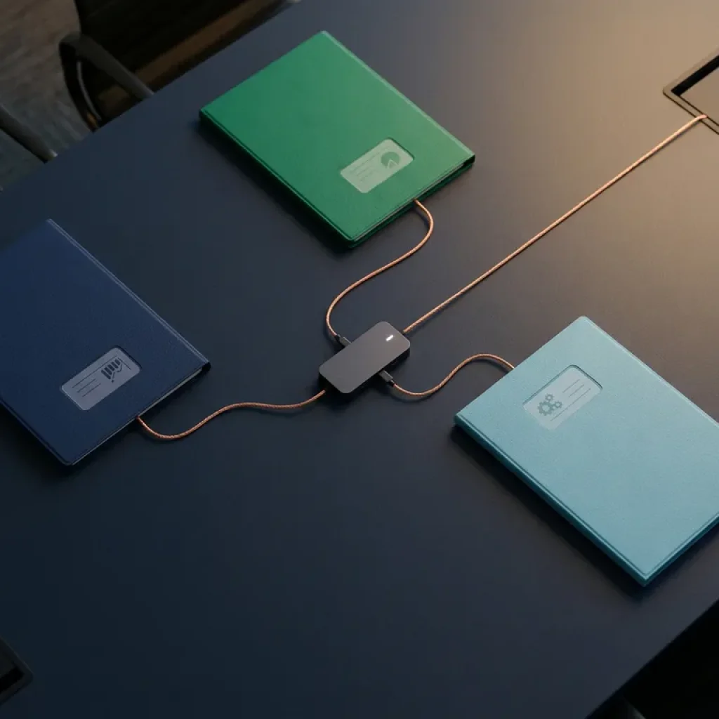 Three product folders in navy, green, and blue connected by copper wires to a central AI hub on a dark conference table.