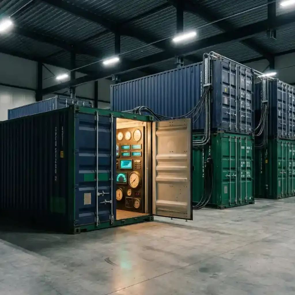 In einem Lagerhaus sind gestapelte Schiffscontainer als Server-Racks angeordnet; einer davon ist geöffnet und gibt den Blick auf leuchtende Kosten- und Finanzanzeigen frei, die von dramatisch wirkenden Industrielampen von oben beleuchtet werden.