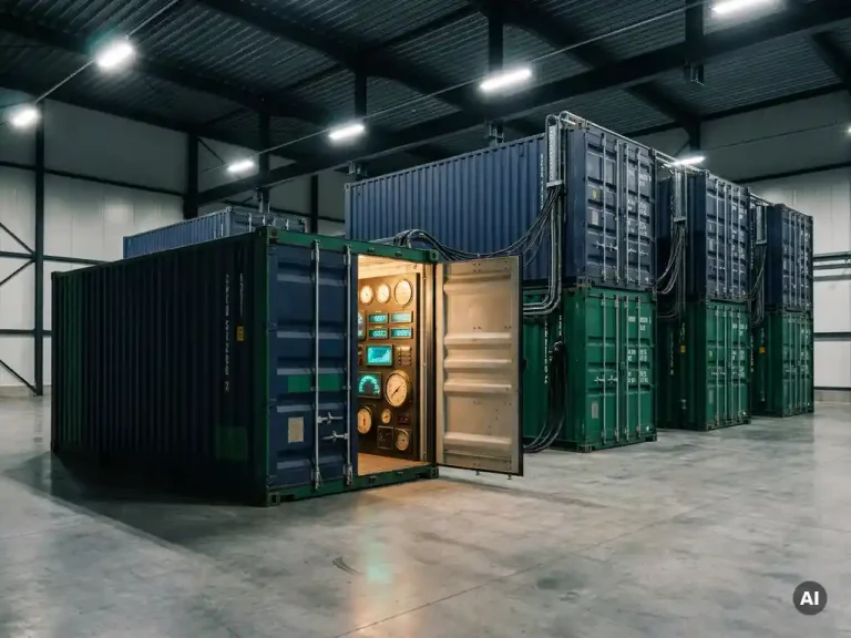 Stacked shipping containers arranged as server racks in a warehouse, one open revealing glowing cost and financial gauges, lit by dramatic overhead industrial lighting.