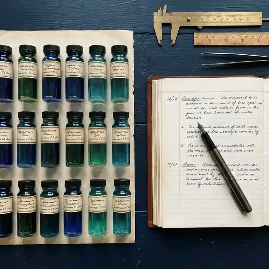 Beschriftete Probengefäße mit blauer, grüner und türkisfarbener Flüssigkeit, die neben einem aufgeschlagenen Geschäftsbuch und einem Stift auf einem dunkelblauen Schreibtisch stehen.