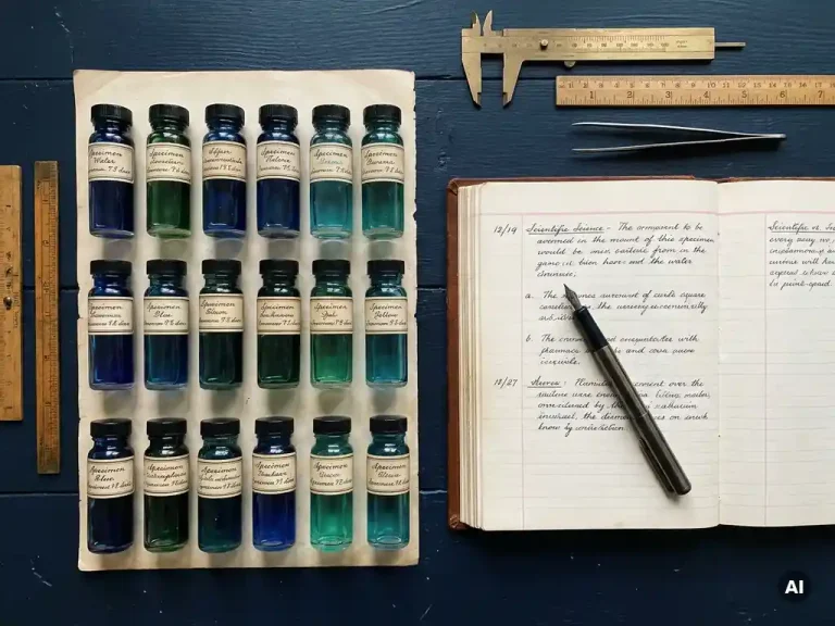 Beschriftete Probengefäße mit blauer, grüner und türkisfarbener Flüssigkeit, die neben einem aufgeschlagenen Geschäftsbuch und einem Stift auf einem dunkelblauen Schreibtisch stehen.