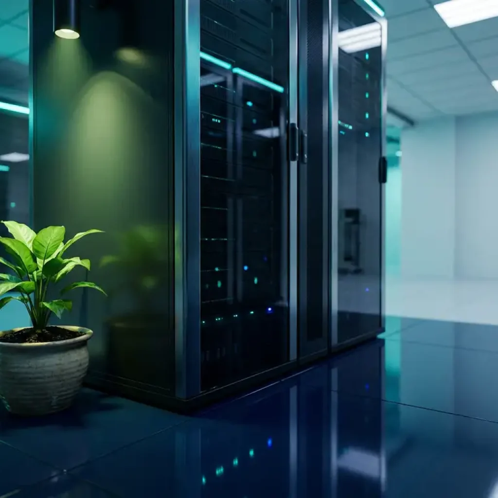 Ein Serverrack in einem modernen Rechenzentrum, das sich auf einer dunkelblauen Oberfläche spiegelt, daneben wächst eine kleine grüne Pflanze.