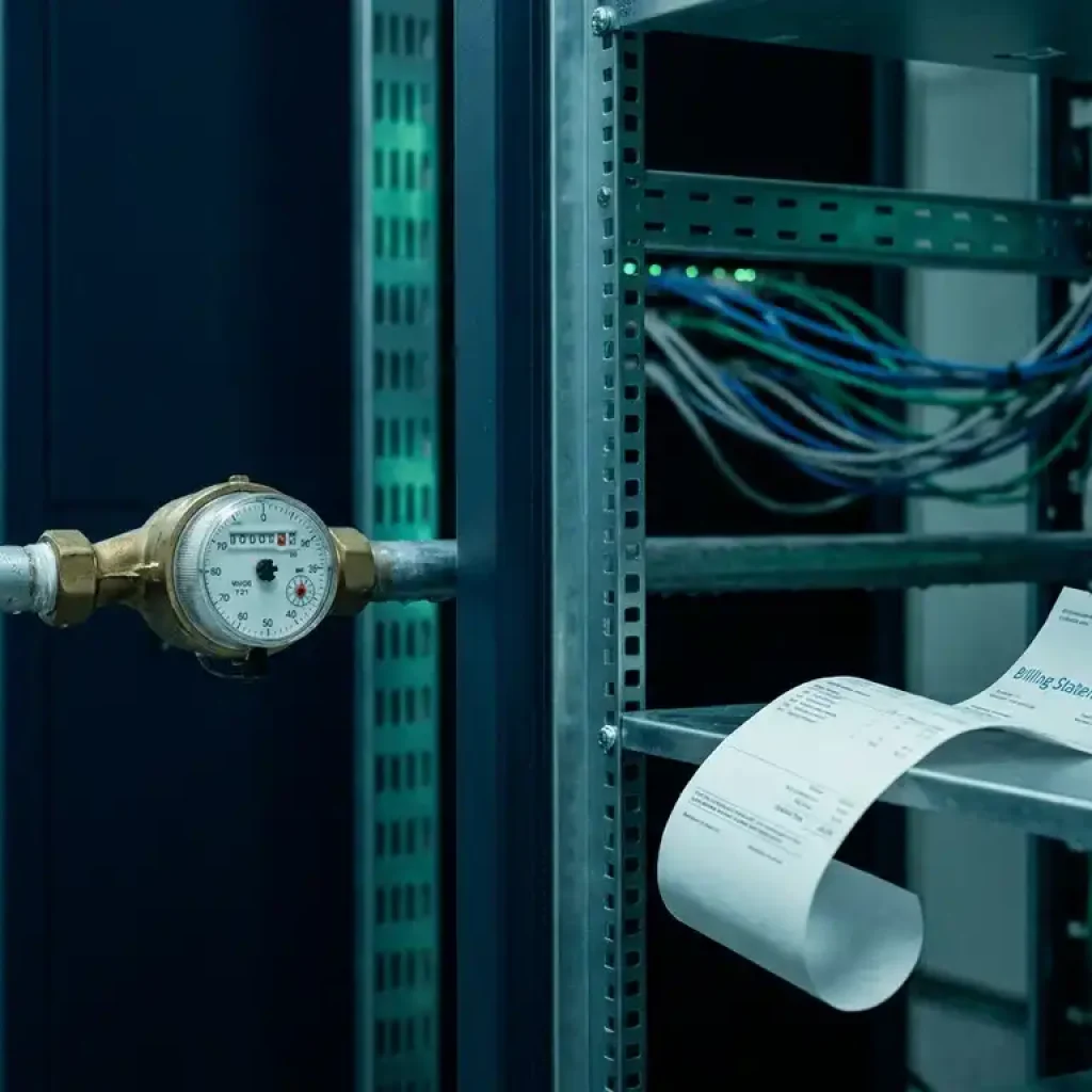 Wasserzähler mit sich drehender Skala an einer freiliegenden Leitung in einem Serverraum, daneben die Abrechnung, türkisfarbene Akzentbeleuchtung auf metallischen Oberflächen.