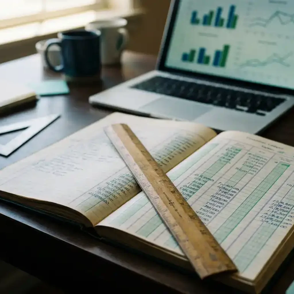 Wooden ruler across an open financial ledger with handwritten cost figures, architect's set square nearby, laptop showing dashboard graphs in background.