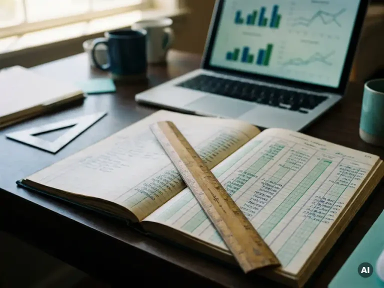 Een houten liniaal ligt over een open financieel grootboek met handgeschreven kostenbedragen; ernaast ligt een architectenwinkelhaak, en op de achtergrond is een laptop te zien waarop dashboardgrafieken worden weergegeven.